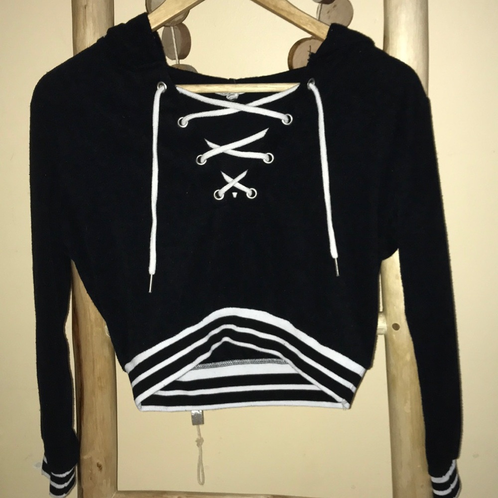 Black velvet cropped hoodie with crosses on front